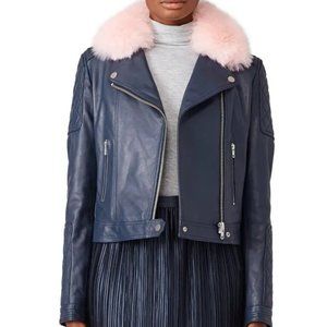 Samantha Sipos Blue Leather Sky Rose Faux Fur Trim Jacket size small